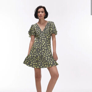 Topshop Bella tea dress with angel sleeve in yellow floral print